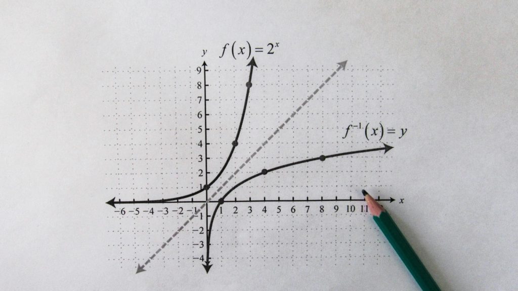 Close-up of exponential and inverse functions with pencil on graph paper.